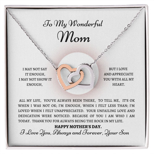 To my Wonderful Mom, Interlocking Heart Necklace--from Son